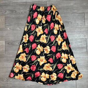Vintage 90s Satin Black Floral Midi Skirt Clio Elastic Waist Size S